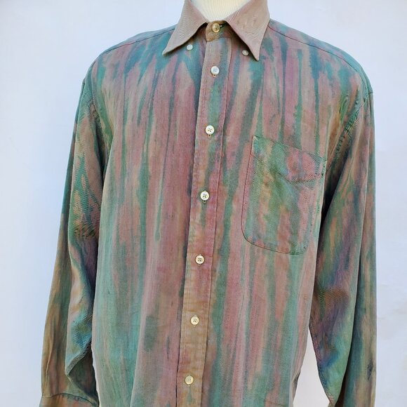 Hilfiger silk cotton shirt XL Large green beige brown striped tie dyed painted